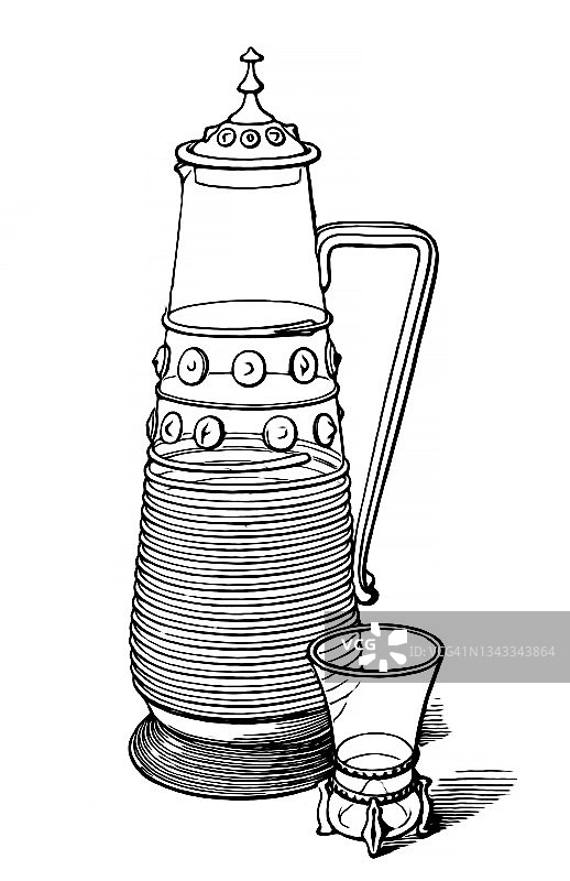 德国科隆Rheinische Glashütten AG的投手和饮用玻璃杯古老雕刻插图图片素材