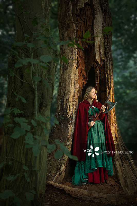 森林里美丽的小红帽女孩图片素材