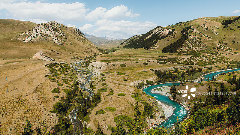 中亚晴天下的山景和碧绿河流鸟瞰图图片素材