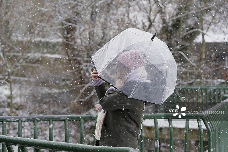 冬季穿着冬装在街上撑伞行走的女人图片素材