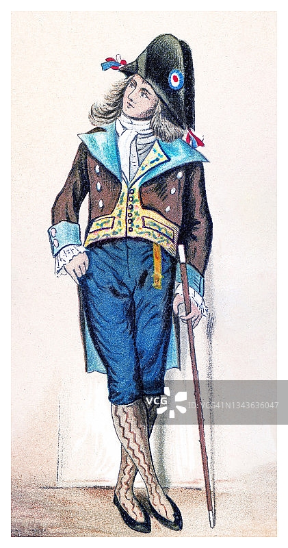 欧洲服饰古老彩色石印，17世纪-19世纪 - 法国花花公子（1794-1799）图片素材