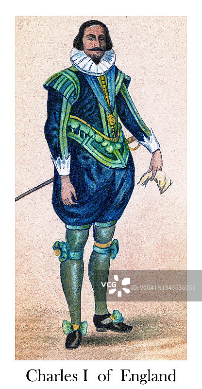 17至19世纪欧洲服饰古旧彩色石印画-英格兰国王查理一世图片素材