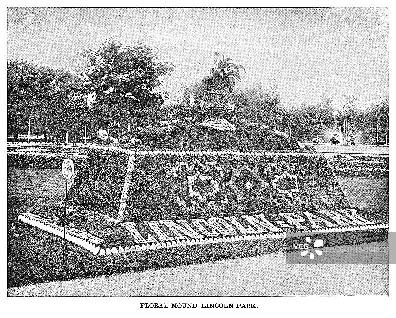 19世纪芝加哥的古老雕刻插图：1893年芝加哥哥伦布博览会 - 花卉土墩，林肯公园图片素材