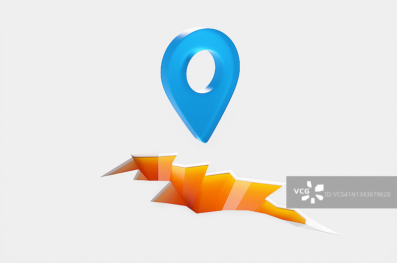 地震后地面裂缝附近的地图图钉图标，白色背景隔离。GPS已损坏。图片素材