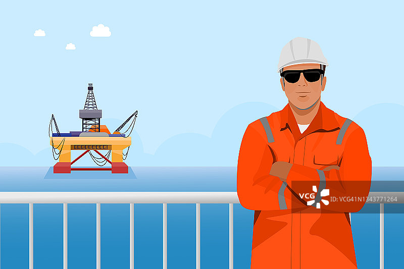 经典能源图例概念：工程师站在石油工业中用于生产石油和天然气的潜水钻机前图片素材