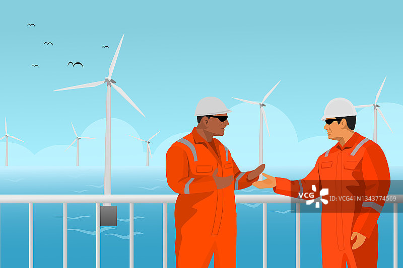 工程师在离岸风电场前讨论的经典能源概念插画图片素材