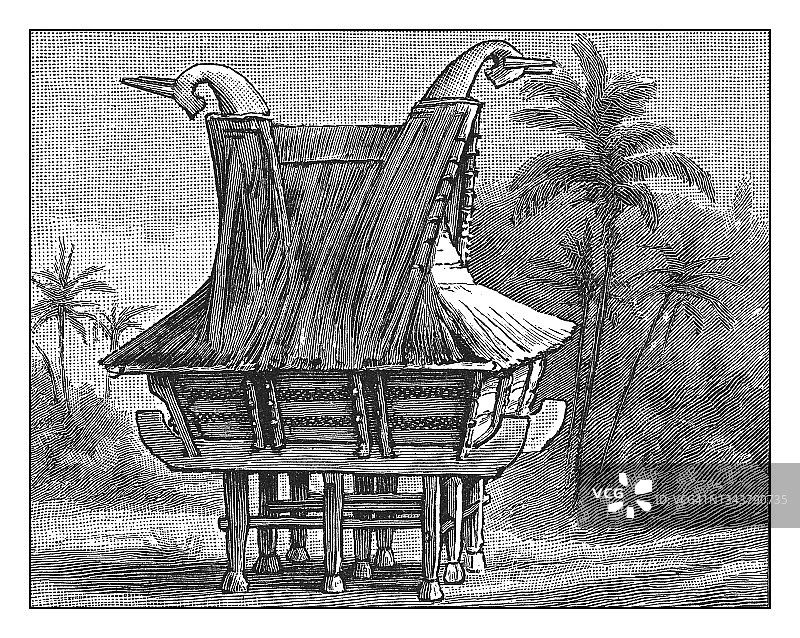 马来文化——苏门答腊岛上巴塔克人的房屋的古老雕刻插图图片素材