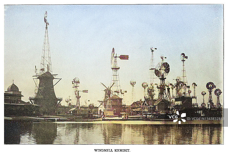 1893年芝加哥哥伦布博览会风力发动机展示古董版画图片素材
