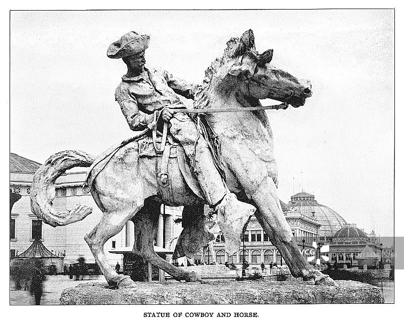 19世纪芝加哥老式版画插图：1893年芝加哥世界哥伦比亚博览会上的普罗克特“牛仔”雕像图片素材