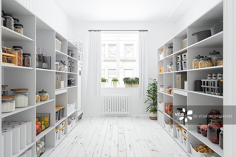 储藏室：整理好的食品室物品、不易腐烂的食品、腌制食品、健康食品、水果和蔬菜图片素材