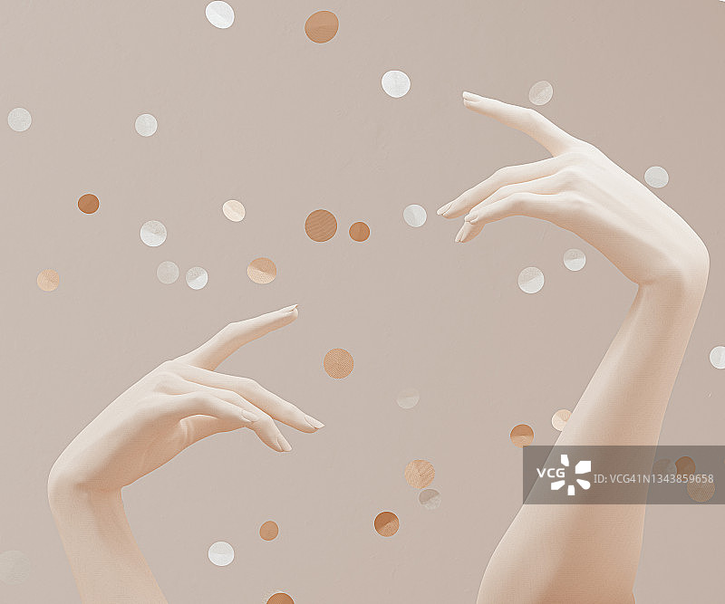 节日庆典概念圣诞背景，优雅女性手势和米色纸屑3D渲染背景图片素材