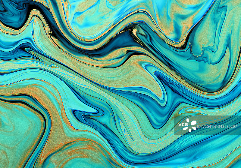 蓝绿色大理石纹理背景上的抽象金色波浪，水色金色金属纹理图片素材