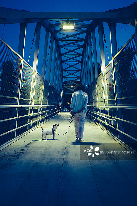 夜晚在桥上的和狗的女人图片素材
