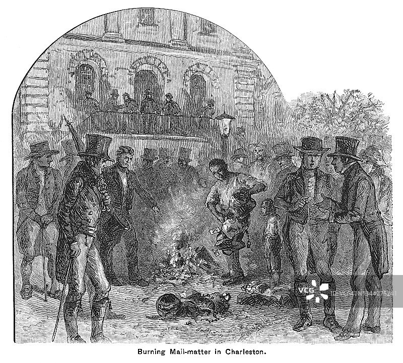 查尔斯顿邮局遭冲击焚烧废奴主义宣传册古版画图片素材