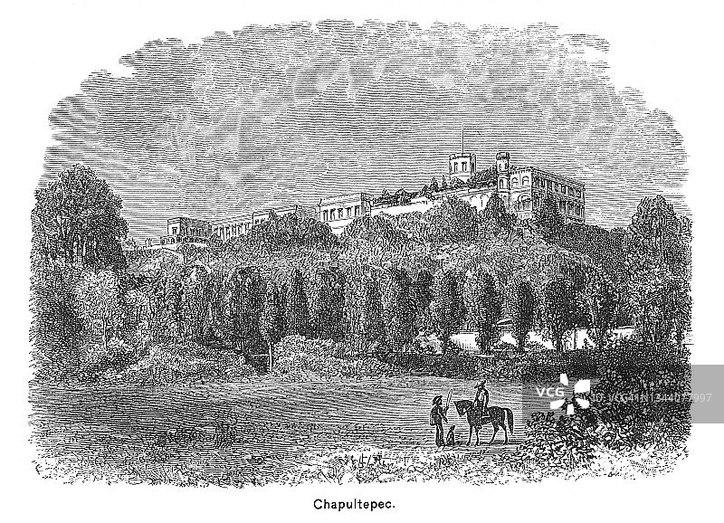 墨西哥查普尔特佩克城堡古老雕刻插图图片素材