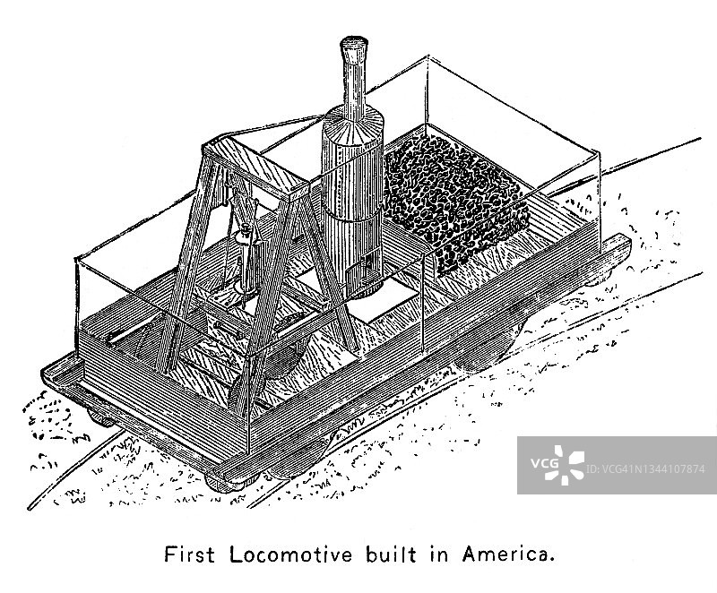 美国第一台机车“拇指汤姆”古老雕刻插图图片素材