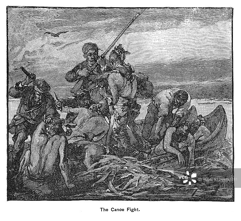 小独木舟战役古老雕刻插图，1813年11月12日著名战役，克里克战争图片素材