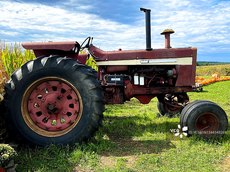 停放的拖拉机，玉米地和南瓜地图片素材