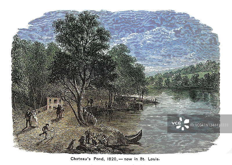1820年圣路易斯舒托池塘景观的古老雕刻插图图片素材