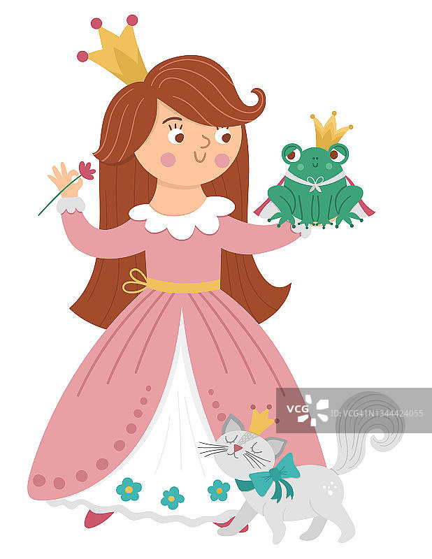 童话矢量公主与青蛙王子和猫，戴着皇冠的梦幻女孩，在白色背景下隔离，粉红色连衣裙的中世纪童话少女，带有可爱卡通人物的少女魔法图标图片素材