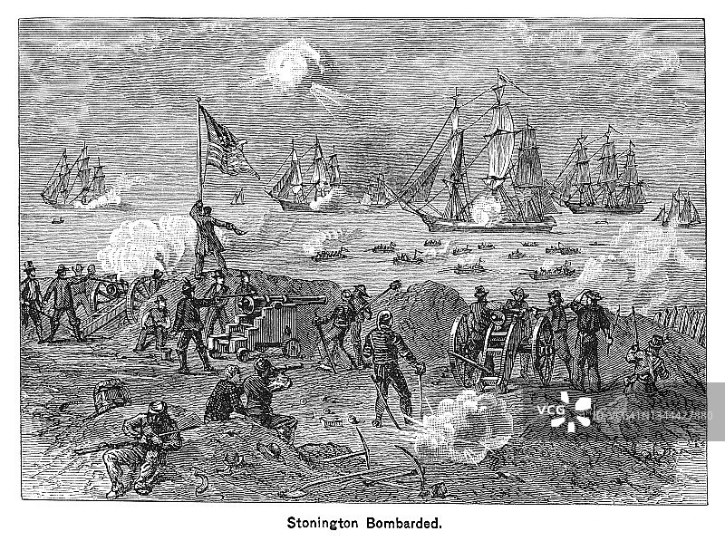 斯托宁顿战役旧插画 - 1812年战争期间英国舰队炮击斯托宁顿（康涅狄格州）图片素材