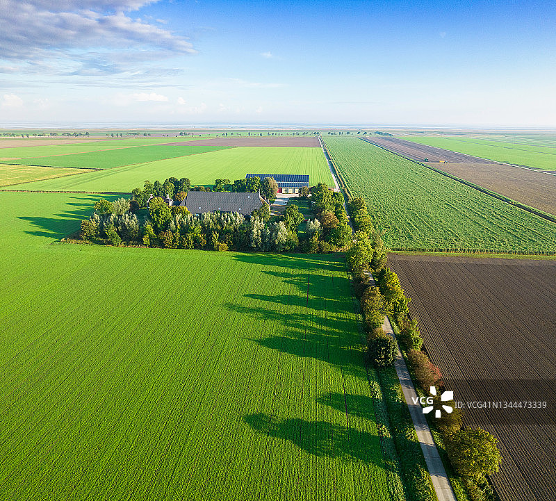 平坦的田园风光中孤独的农舍，远处是瓦登海图片素材