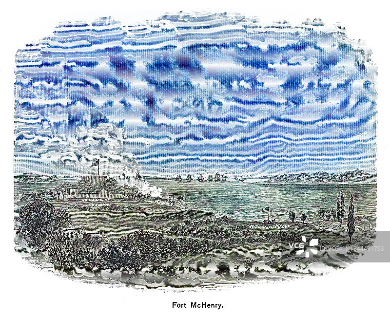 美国马里兰州巴尔的摩市麦克亨利堡防御的雕刻插图图片素材