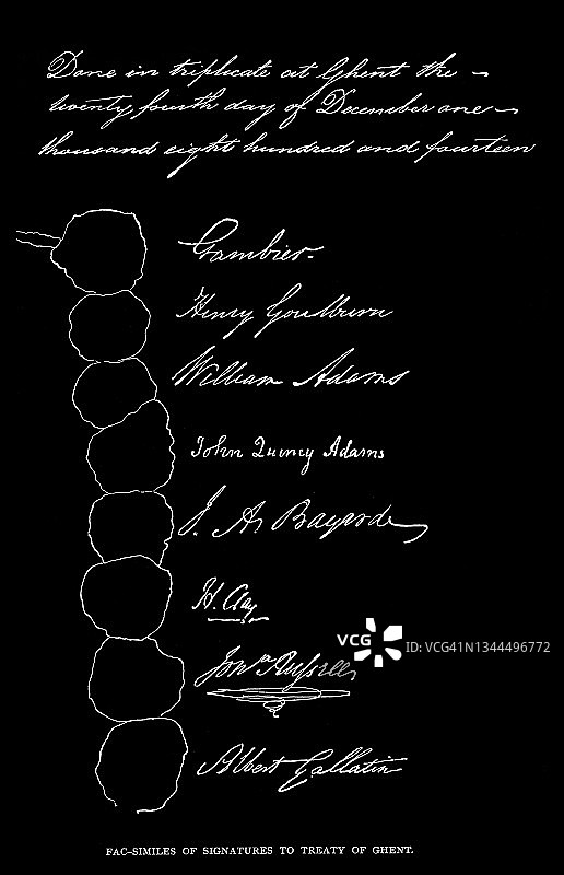 根特条约（1814年12月24日）签名的古老雕刻插图图片素材