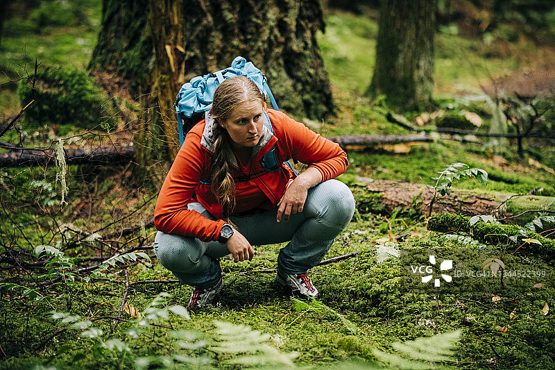 女人蹲在森林地面上寻找野生蘑菇图片素材