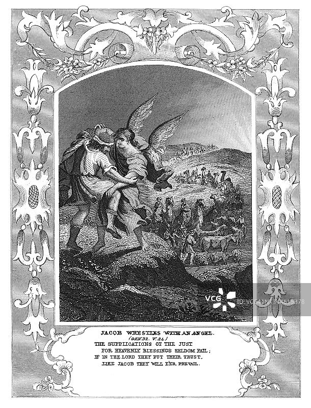 雅各与天使摔跤的古老雕刻插图图片素材