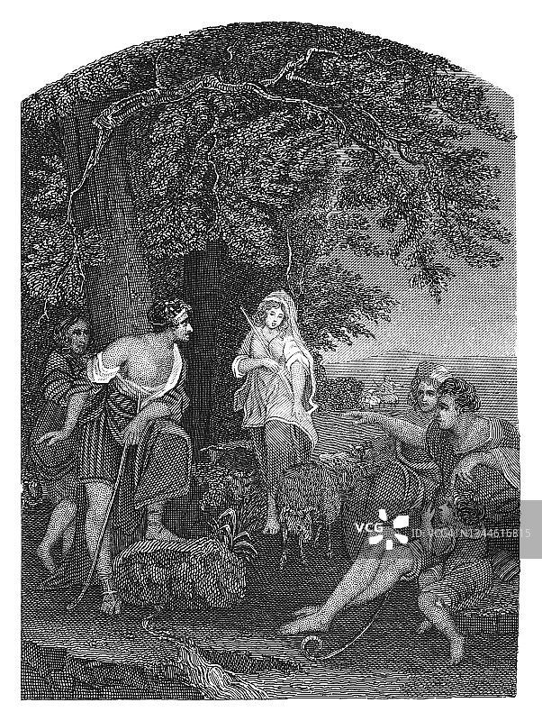 雅各第一次见到瑞秋古老雕刻插图图片素材