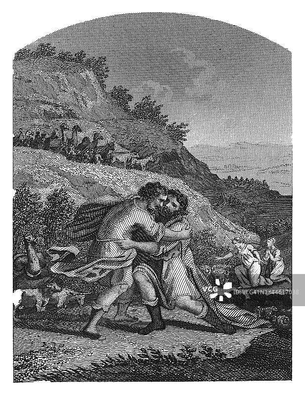 以扫和雅各和解古老雕刻插图图片素材