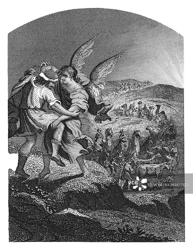 雅各与天使摔跤的古老雕刻插图图片素材