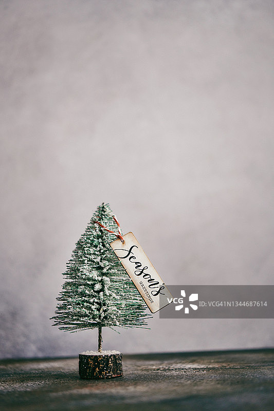 现代圣诞节背景与可爱的雪覆盖的圣诞树和节日的问候标志图片素材
