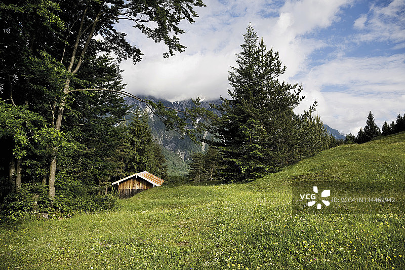 米滕瓦尔德附近的格罗布拉姆山牧场，卡尔文德尔山脉，韦尔登费尔瑟地区，上巴伐利亚，巴伐利亚，德国，欧洲图片素材
