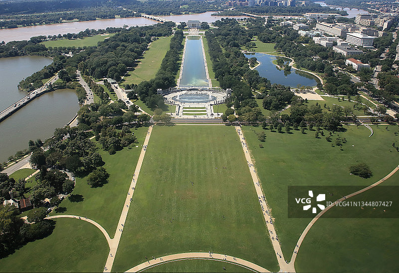 华盛顿特区林肯纪念堂、国家二战纪念碑和倒影池鸟瞰图片素材