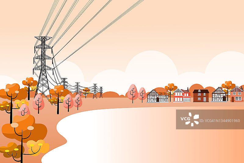 高压电线杆与夕阳下的小村庄电力运输概念插画图片素材