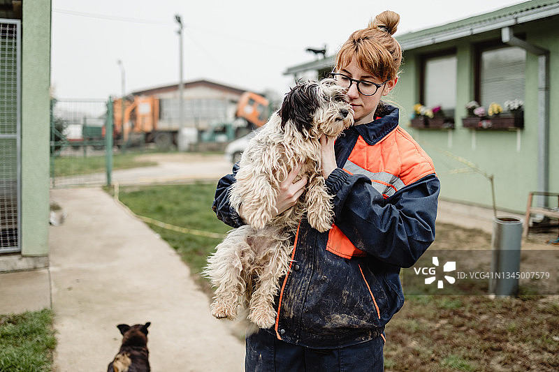 在动物收容所的年轻女人图片素材