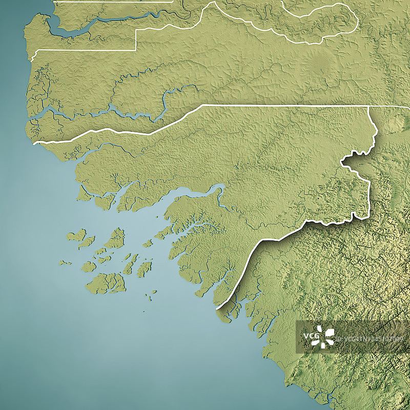 几内亚比绍3D地形图（彩色边界）图片素材