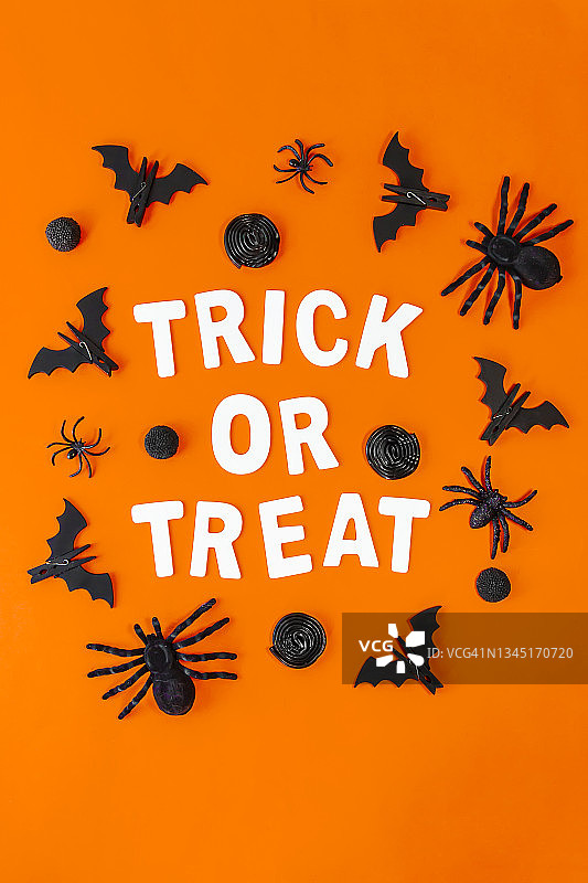万圣节快乐！白色木制字母、蝙蝠、蜘蛛和黑色糖果，橙色背景图片素材