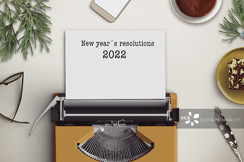 新年决心书复古打字机俯视图图片素材