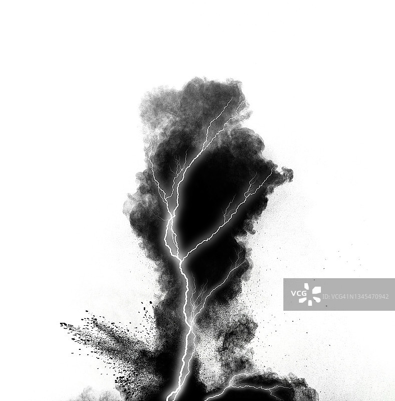 白色背景上带有闪电的烟雾和火焰的电爆炸图片素材