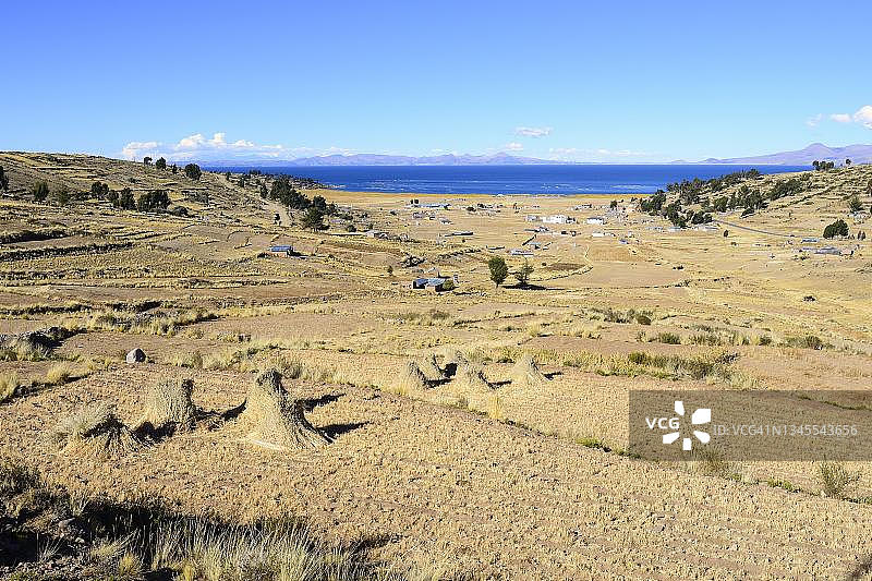 秘鲁普诺省的的喀喀湖收获的田地图片素材