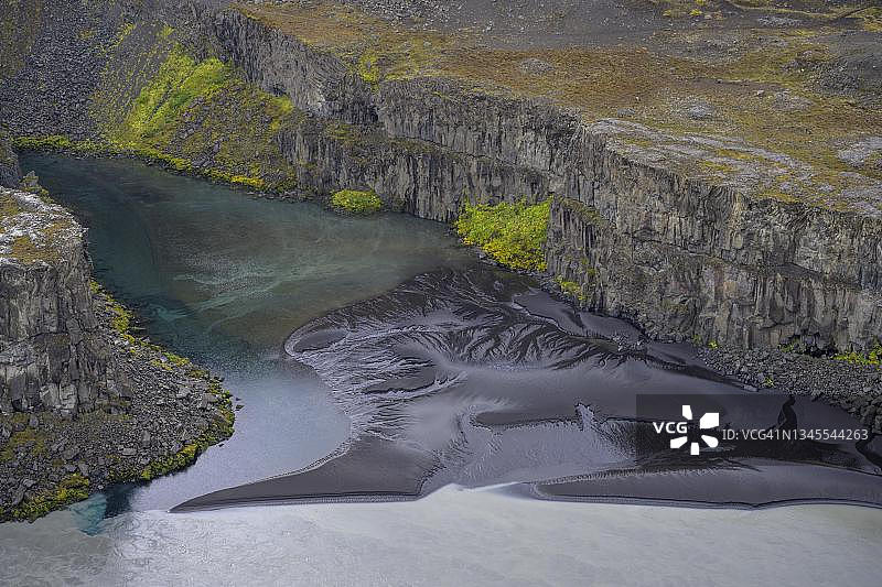 带有弹簧和结构化沙岸的侧臂，Joekulsa A Fjoellum峡谷位于Hafragilsfoss，Asbyrgi NP，Nordurland eystra，冰岛图片素材