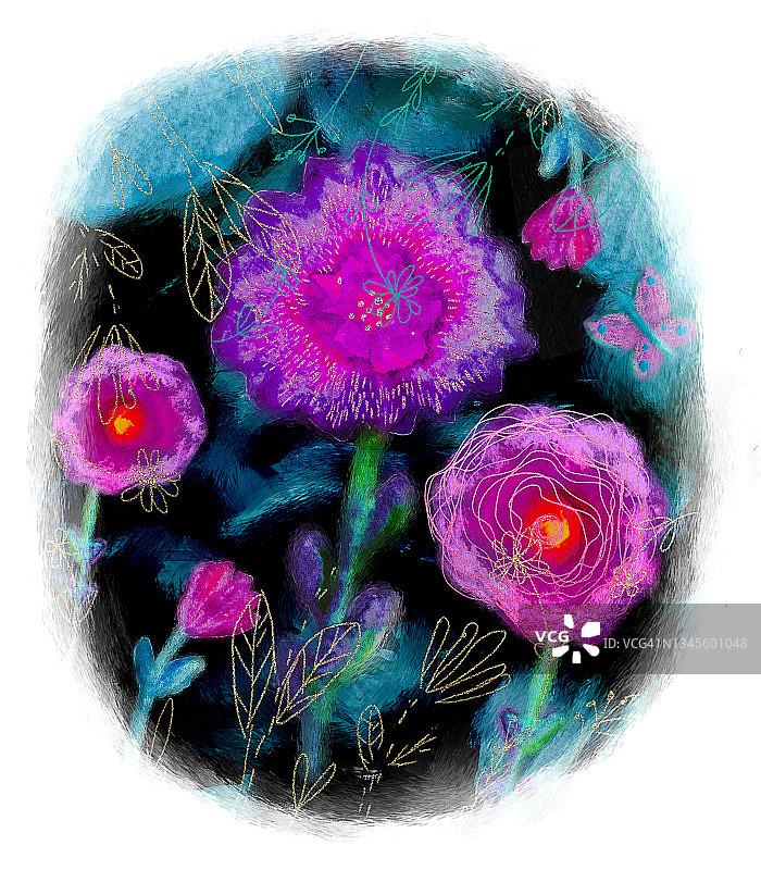 黑色背景上的抽象水彩丁香花手绘艺术图片素材