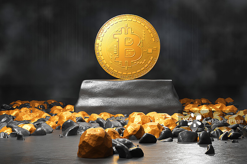 金矿中比特币的三维渲染图片素材