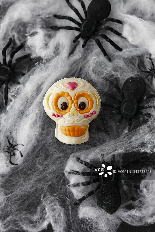 亡灵节白色巧克力头骨。卡拉维拉·卡特里娜。万圣节庆祝概念。图片素材