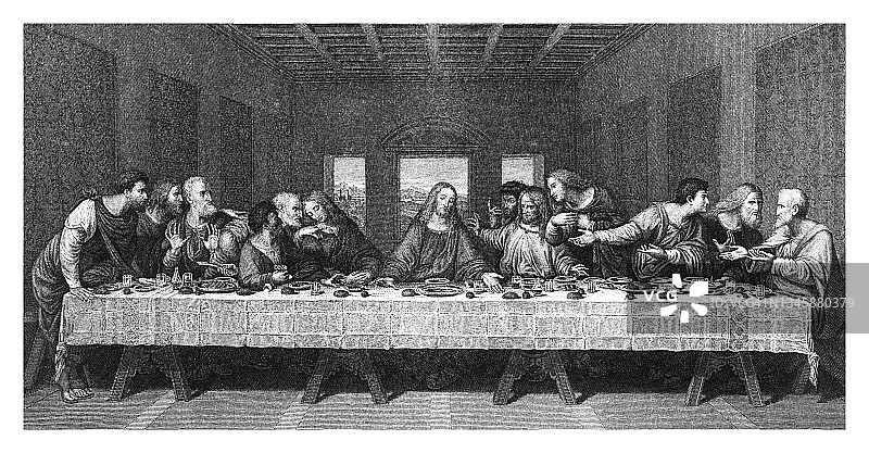 最后的晚餐古版画插图，意大利艺术家列奥纳多·达·芬奇图片素材