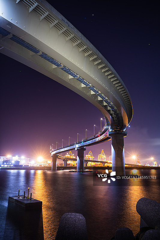 四日市弯曲桥梁下的工业区夜景图片素材