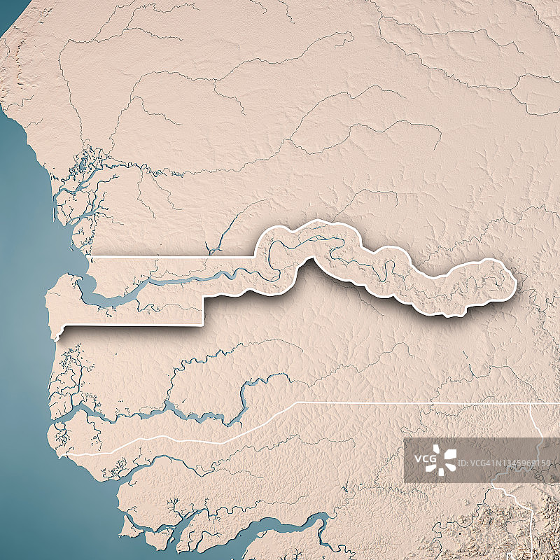 冈比亚地形图3D渲染，中性边界图片素材